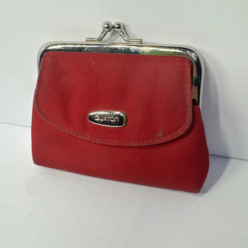 Buxton Vintage Red Fabric Kiss Lock Coin Purse with Front Pocket Silver Hardware